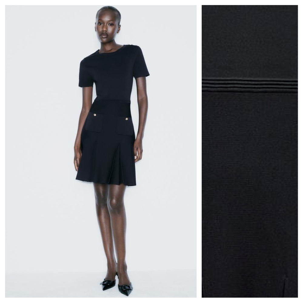 NWT. Zara Navy Blue Viscose Blend Box Pleat Mini Dress. Size XS.